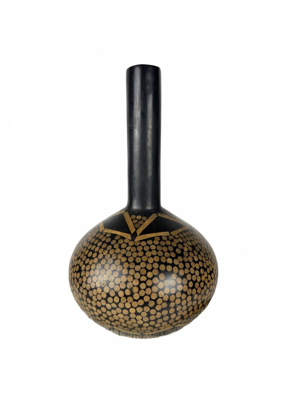 Black Gold Gourd 12" Vase Made in Philippines Mid Century Boho Tribal Decor